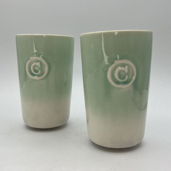 Set 2 Anthropologie Letter C Initial Monogram Tumblers Green Cream Crackle 5" - Picture 1 of 7